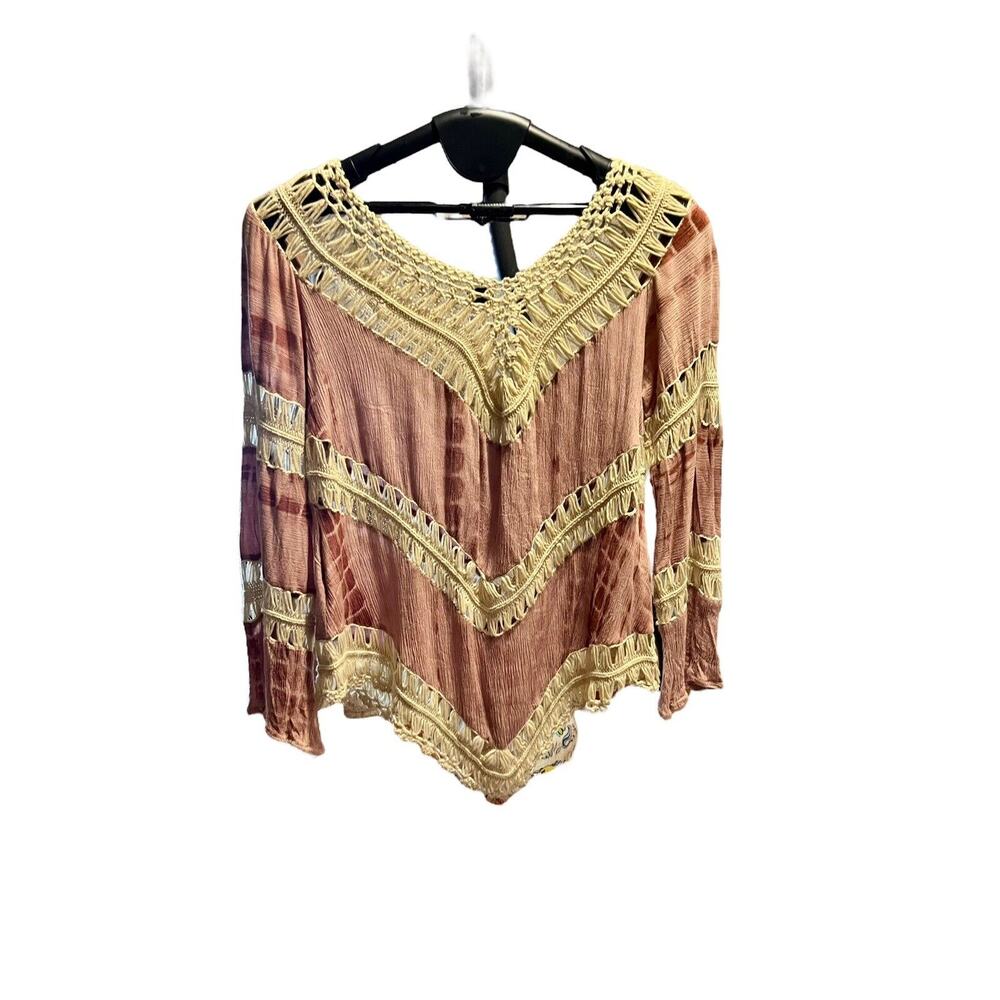 Umgee Boho Pink Tie Dye Top Size L Crochet open weave Festival High Low Hem - Picture 3 of 16